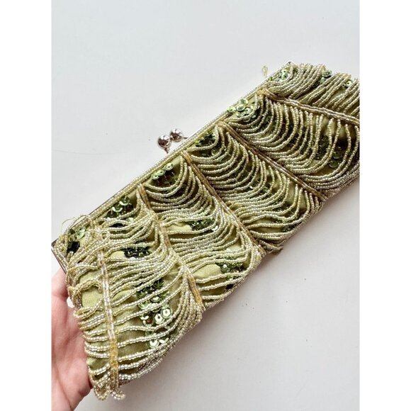 Unbranded Green Scalloped Beaded Sequin Embellished Satin Evening Purse Bag - Picture 3 of 11